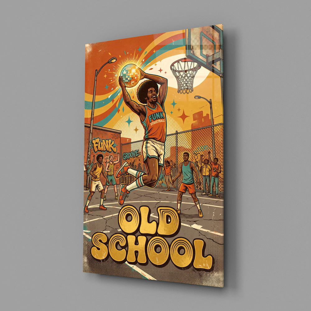 old school funk streetball dunk glass wall art angled to show the polished tempered glass panel