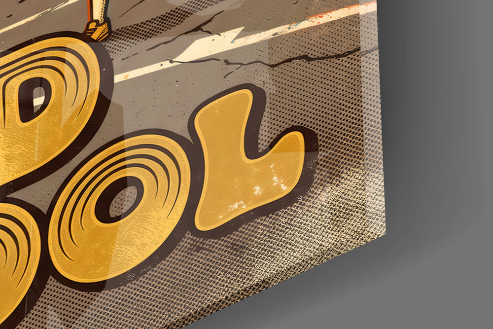 Close-up detail of the mirrored disco ball and the 70s color swirl on the glass surface