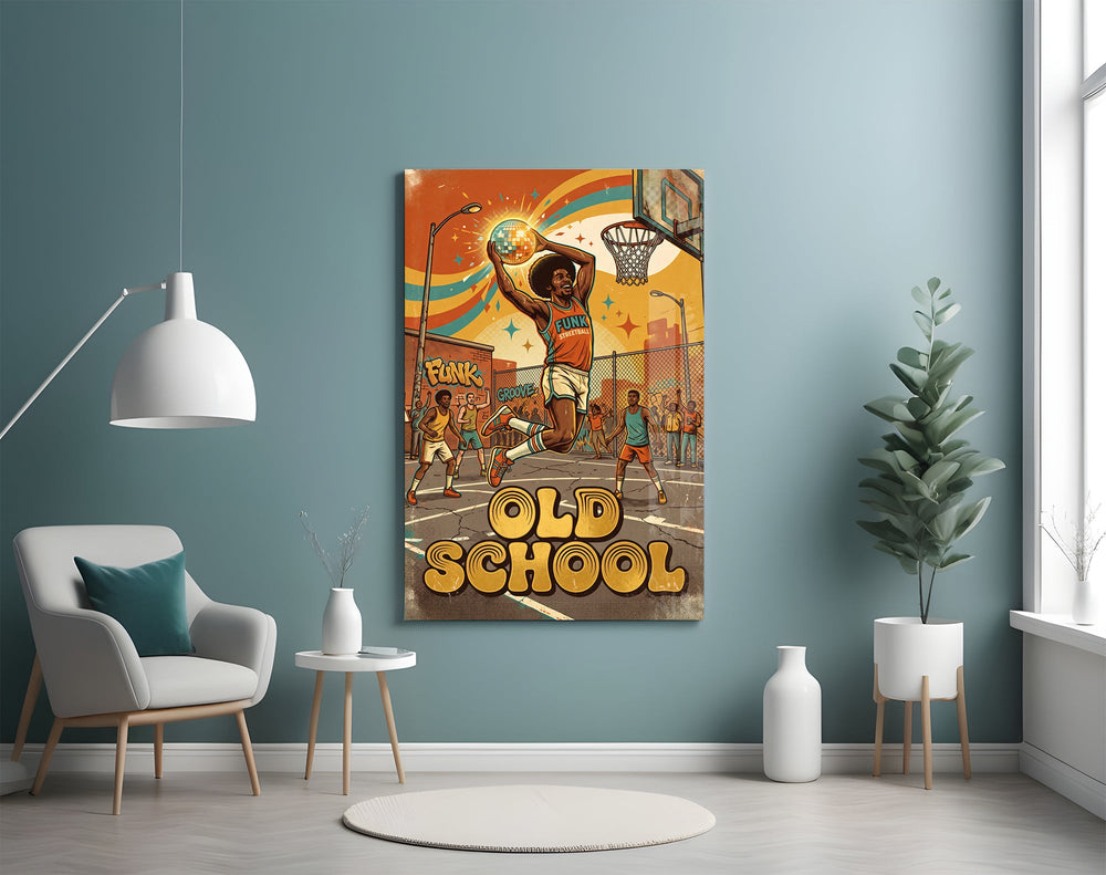 old school funk streetball dunk glass wall art styled above an armchair in a reading corner