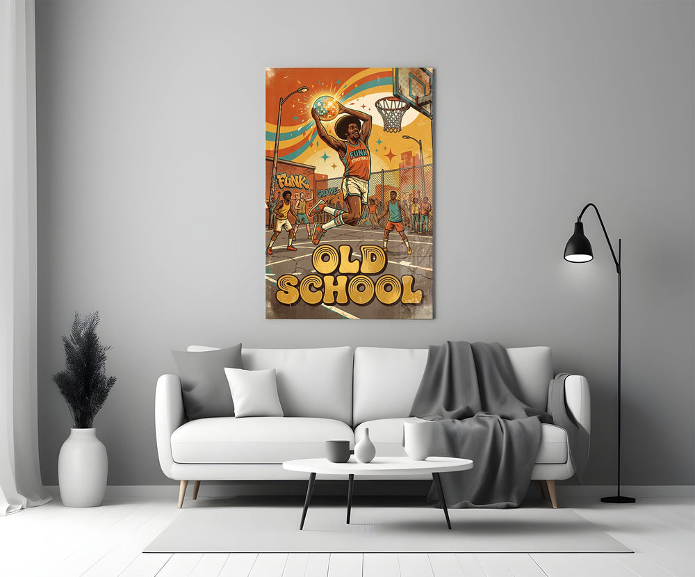 old school funk streetball dunk panel bringing character to a minimalist living room wall