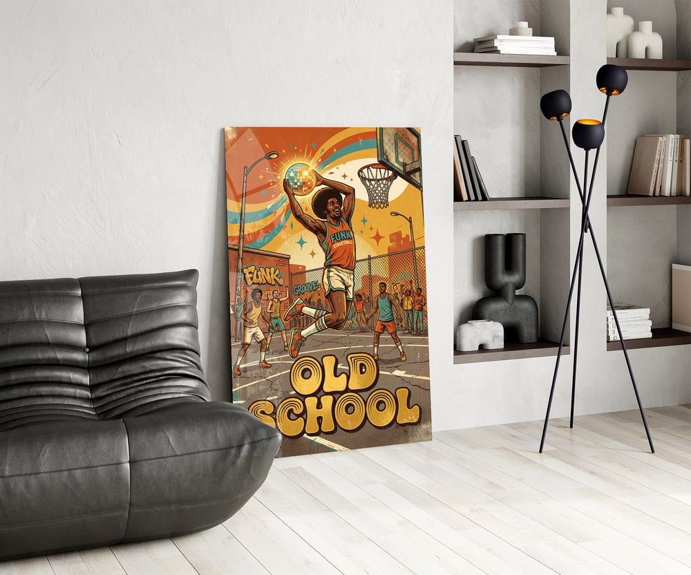old school funk streetball dunk glass wall art leaning beside a dark leather sofa