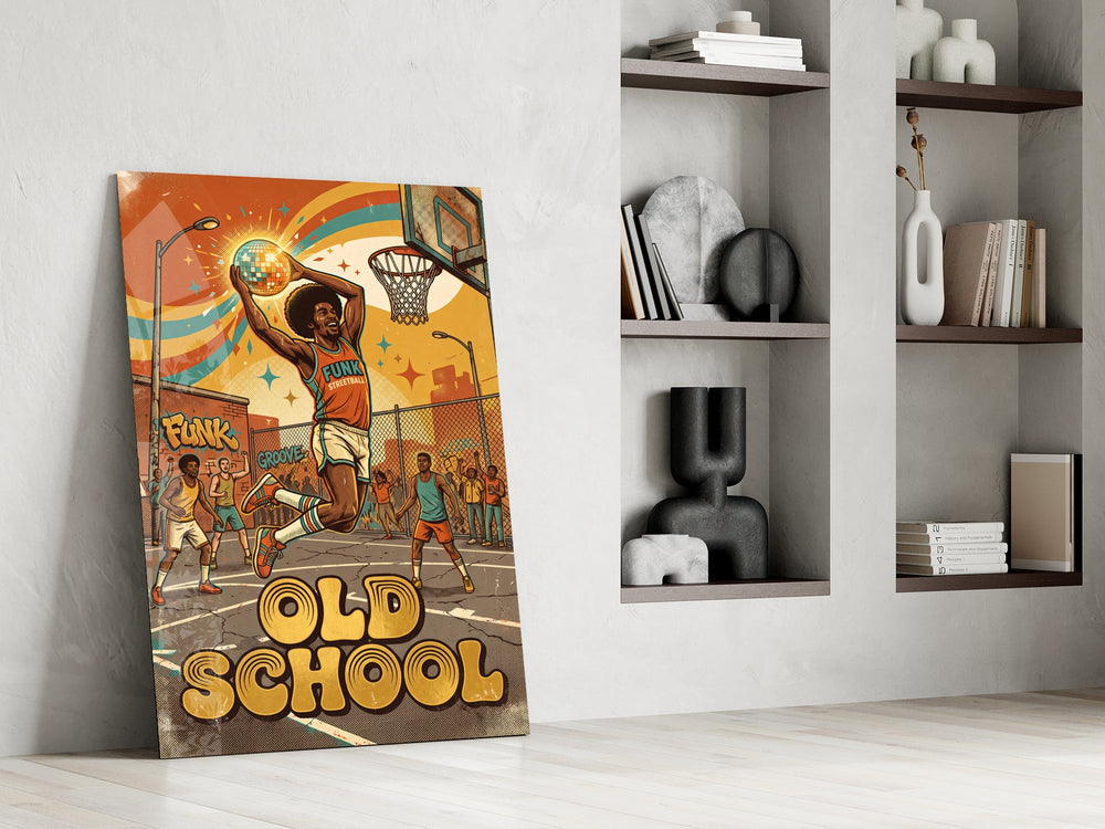 old school funk streetball dunk panel resting in a shelving niche in a modern interior