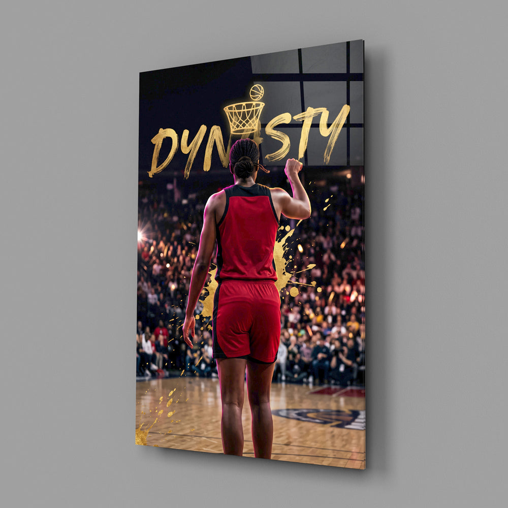 gold Dynasty basketball typography glass wall art angled to show the polished tempered glass panel