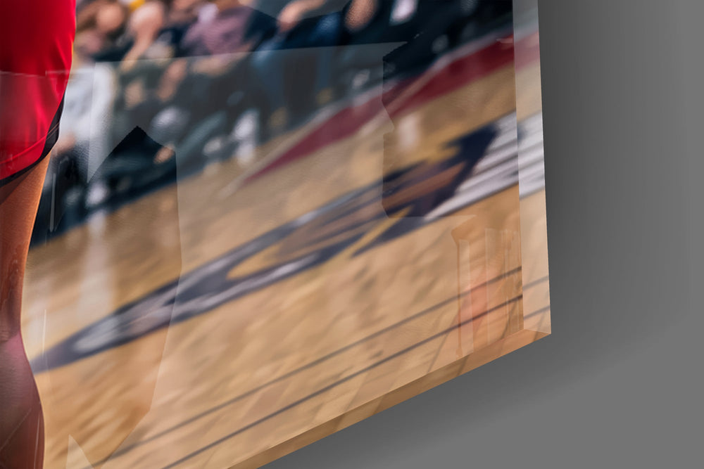 Close-up detail of the gilded hoop and gold paint splatter behind the player on the glass surface