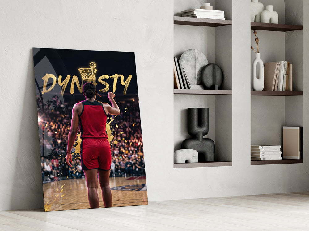 gold Dynasty basketball typography panel resting in a shelving niche in a modern interior