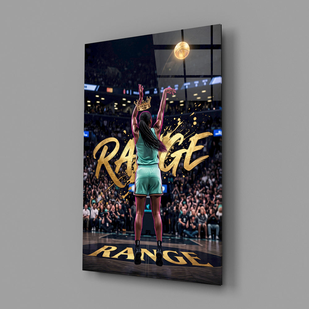 gold Range basketball shooter glass wall art angled to show the polished tempered glass panel
