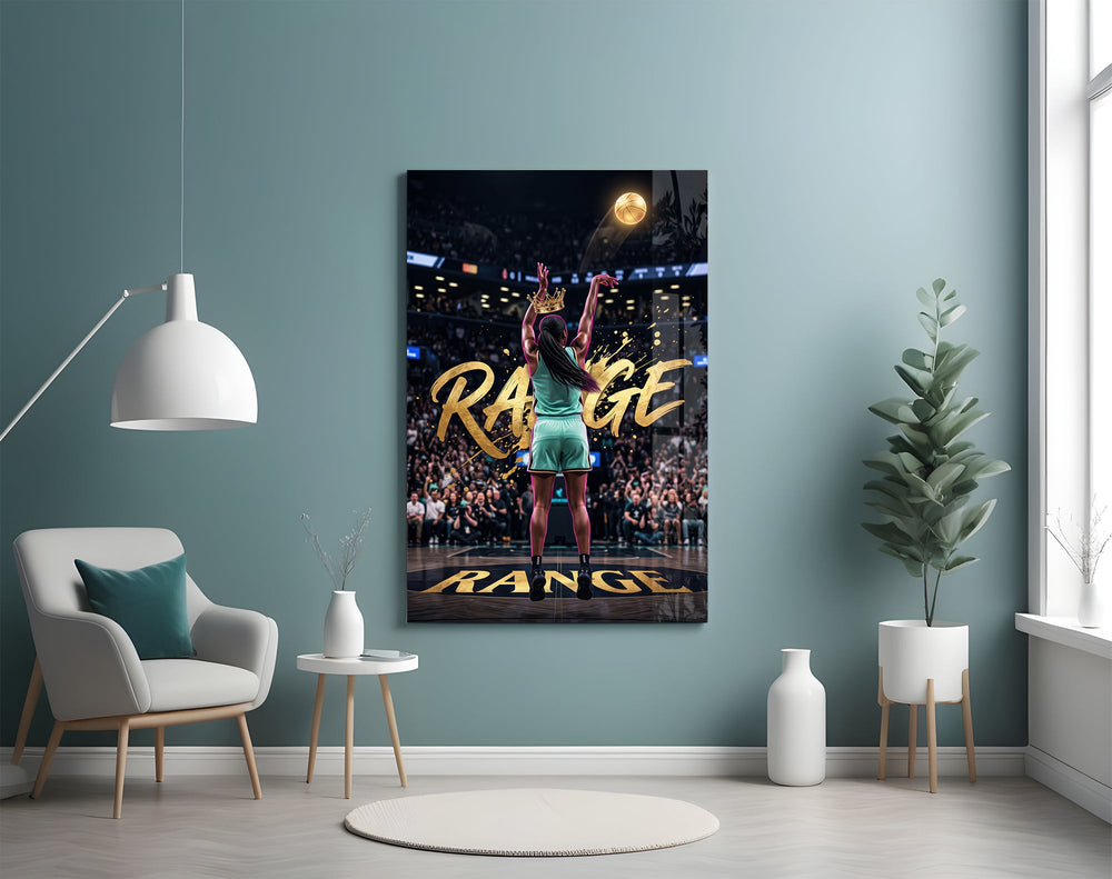 gold Range basketball shooter glass wall art styled above an armchair in a reading corner