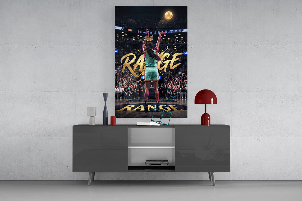 gold Range basketball shooter glass wall art displayed above a console in a designer interior