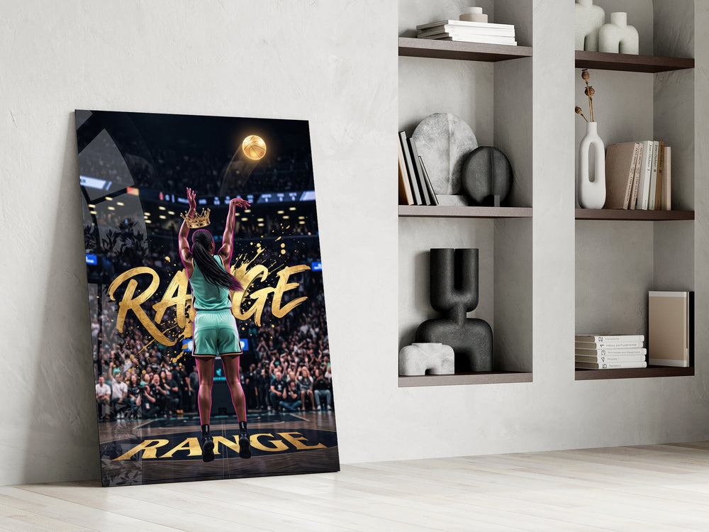 gold Range basketball shooter panel resting in a shelving niche in a modern interior