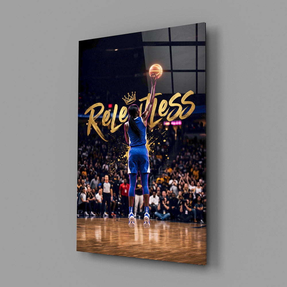 gold Relentless basketball jump shot glass wall art angled to show the polished tempered glass panel
