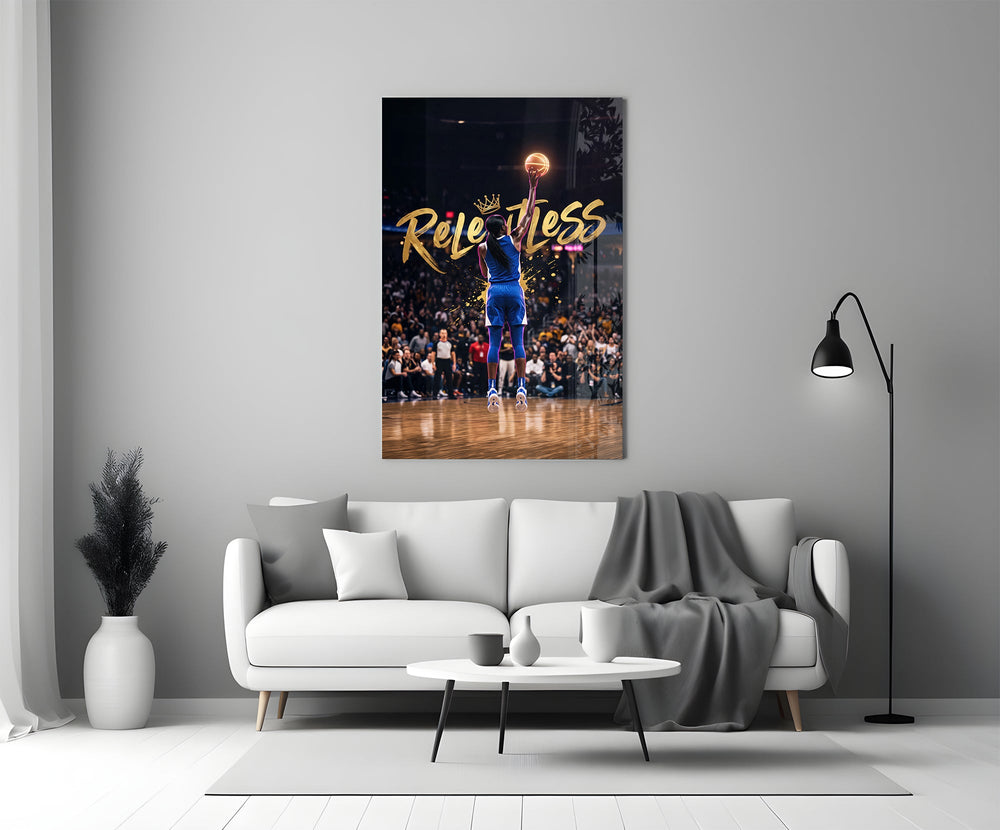 gold Relentless basketball jump shot panel bringing character to a minimalist living room wall