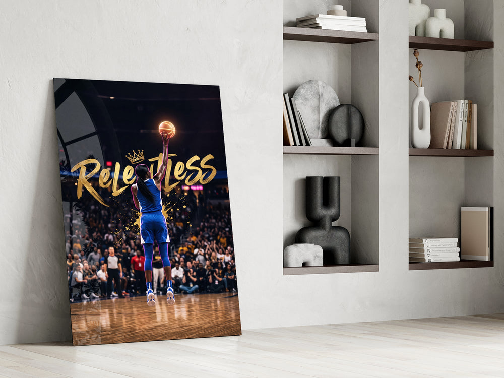 gold Relentless basketball jump shot panel resting in a shelving niche in a modern interior