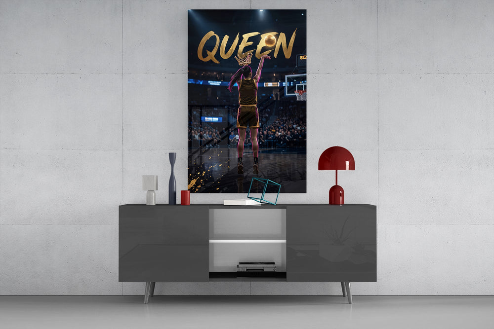 gold Queen basketball shooter glass wall art displayed above a console in a designer interior