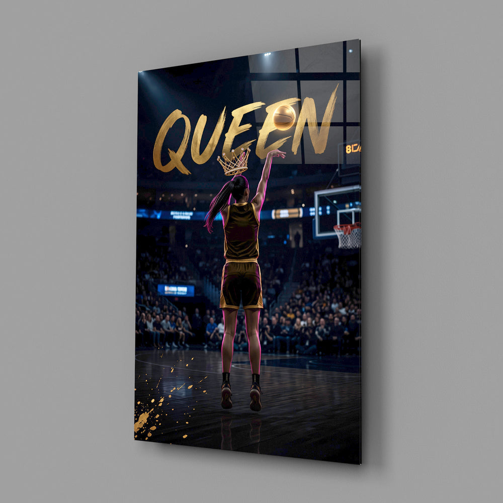 gold Queen basketball shooter glass wall art angled to show the polished tempered glass panel