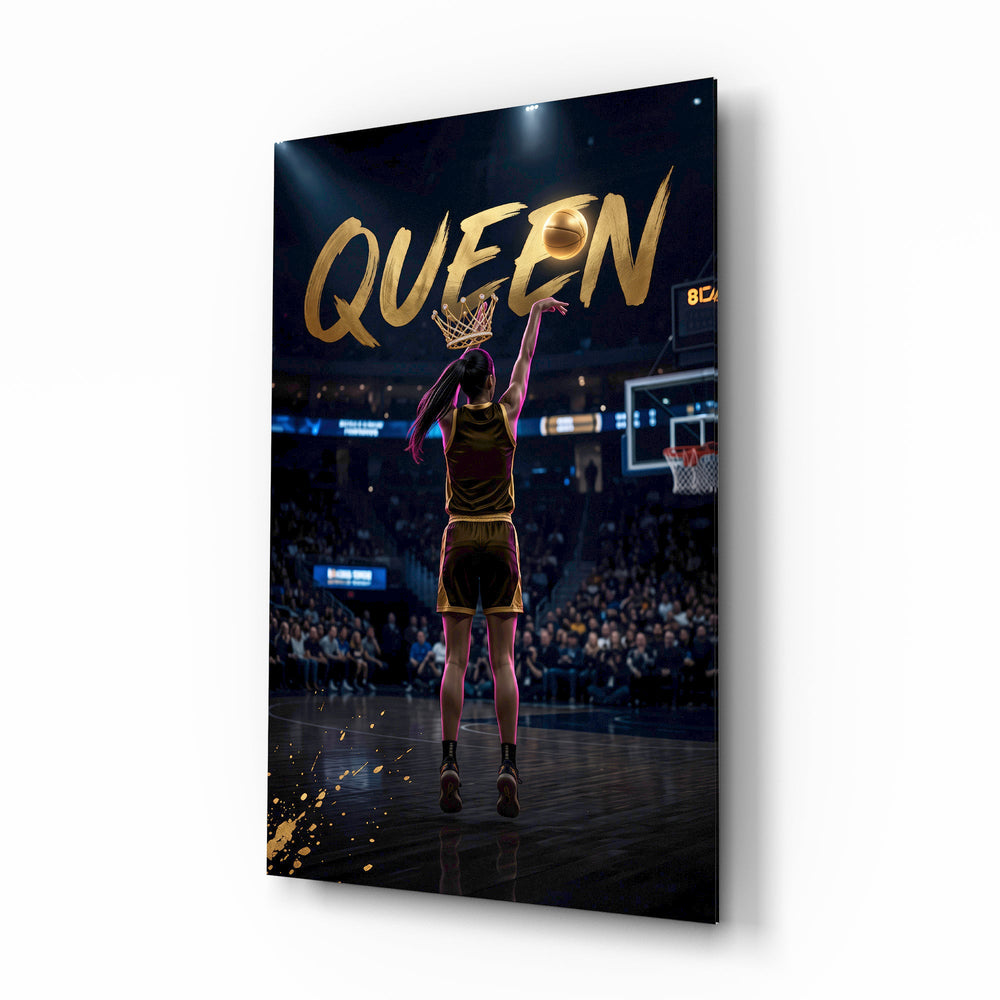 Queen Jeweled Crown Basketball Shooter Glass Wall Art - Lifestyle preview in a designer interior