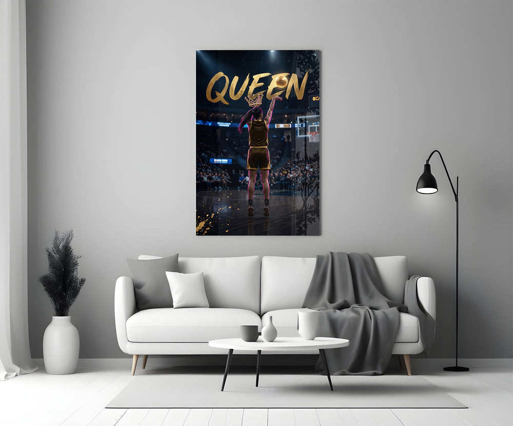 gold Queen basketball shooter panel bringing character to a minimalist living room wall