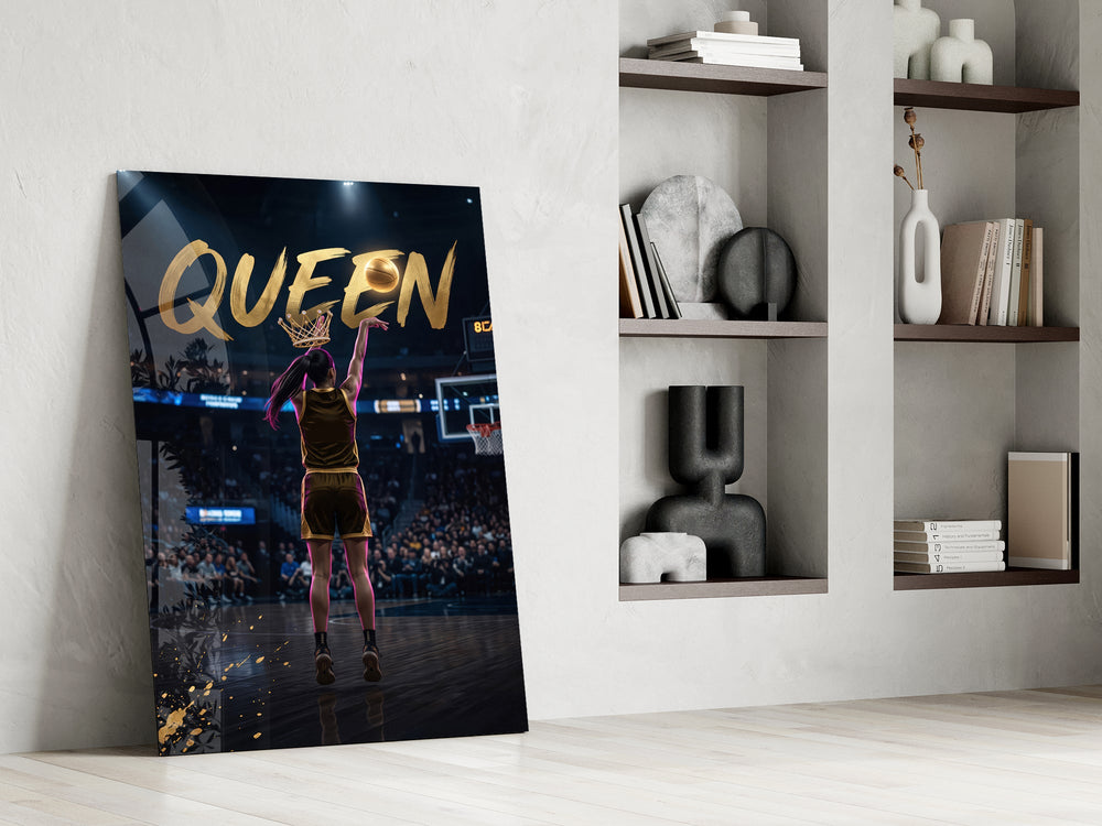 gold Queen basketball shooter panel resting in a shelving niche in a modern interior