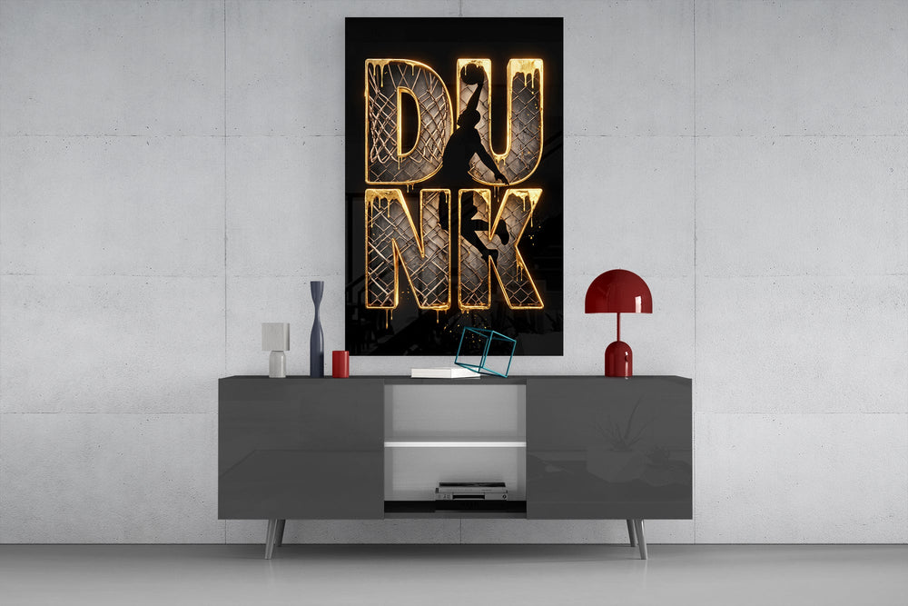 gold Dunk basketball typography glass wall art displayed above a console in a designer interior