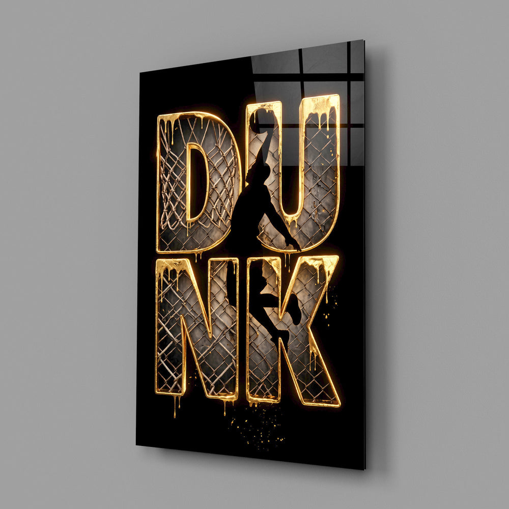 gold Dunk basketball typography glass wall art angled to show the polished tempered glass panel