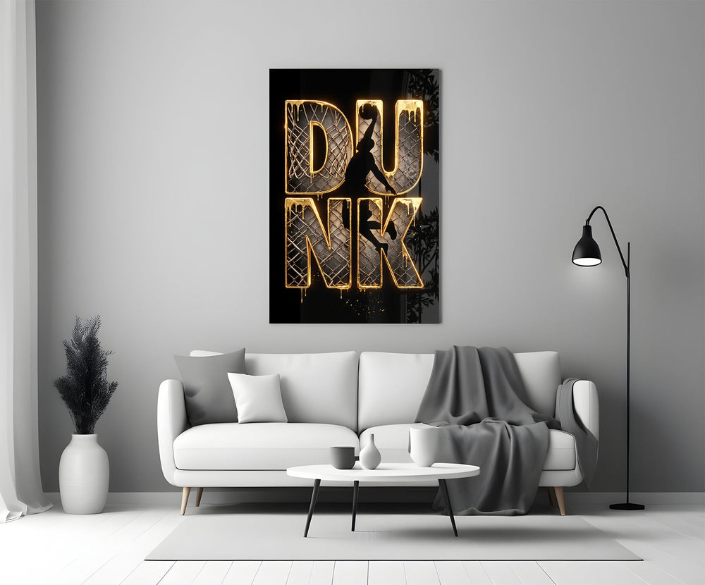 gold Dunk basketball typography panel bringing character to a minimalist living room wall