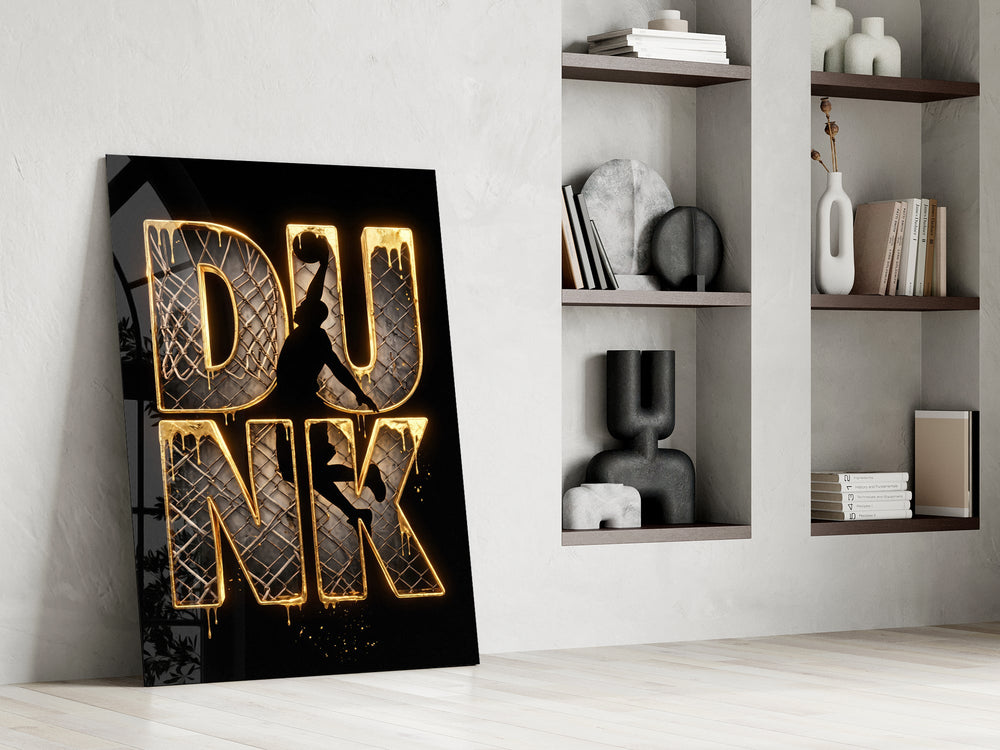 gold Dunk basketball typography panel resting in a shelving niche in a modern interior