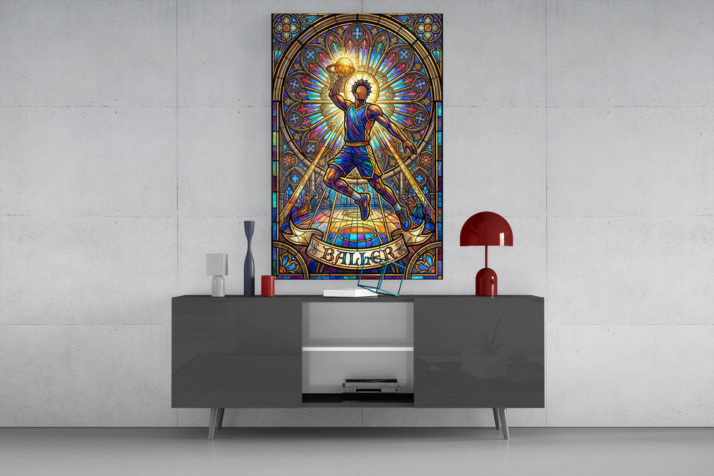 stained glass basketball baller glass wall art displayed above a console in a designer interior