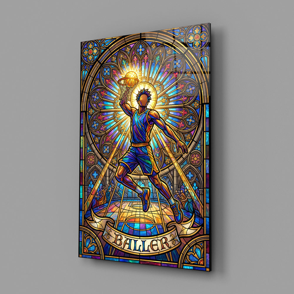 stained glass basketball baller glass wall art angled to show the polished tempered glass panel