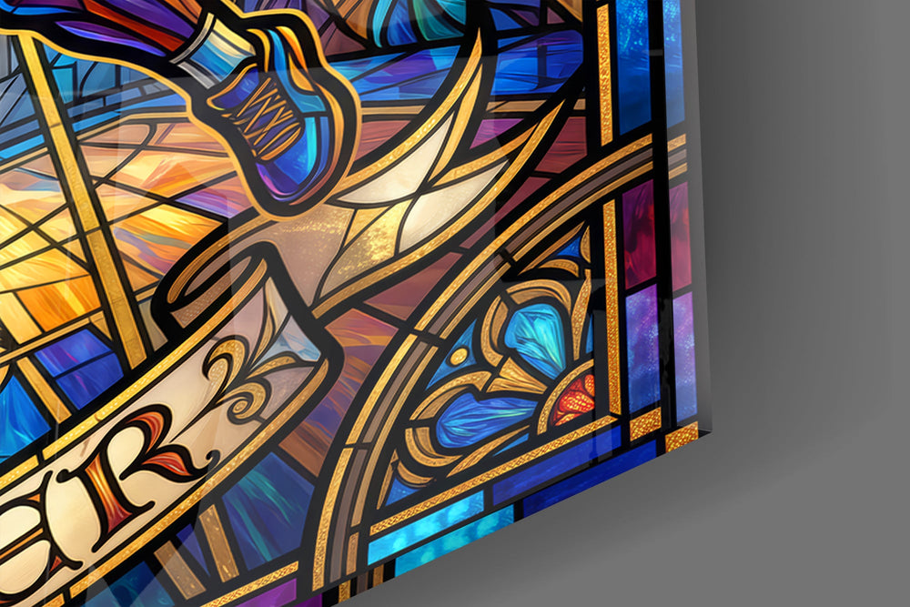 Close-up detail of the radiant rose window and the halo behind the player on the glass surface