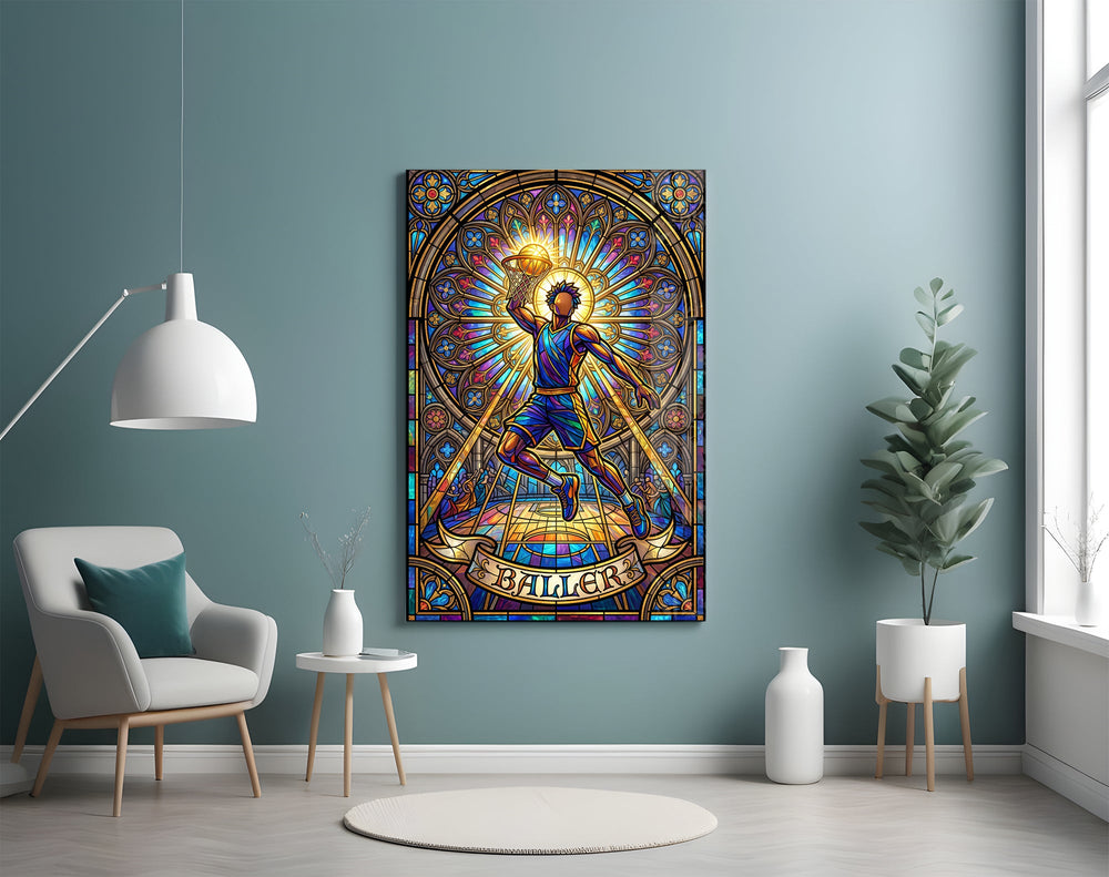 stained glass basketball baller glass wall art styled above an armchair in a reading corner