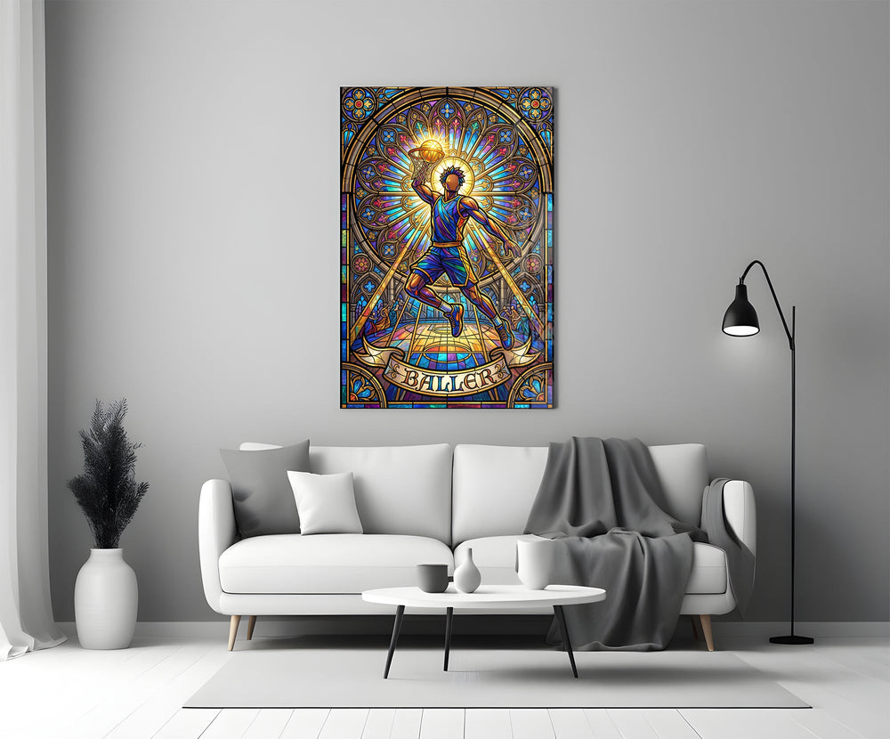 stained glass basketball baller panel bringing character to a minimalist living room wall