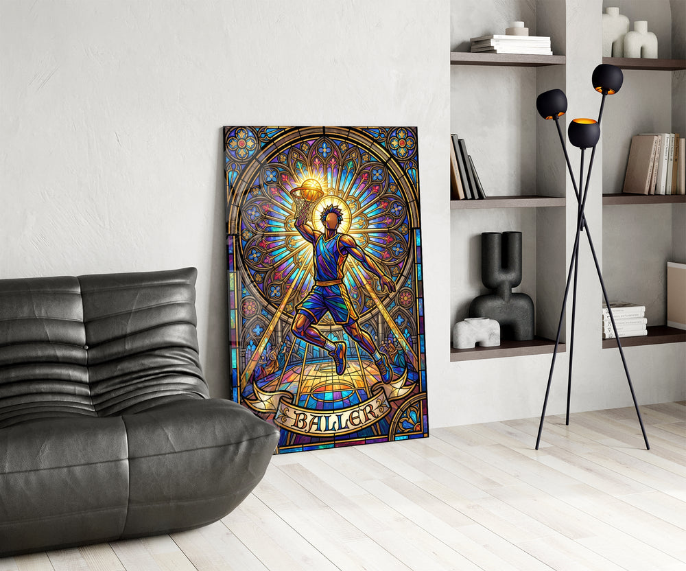 stained glass basketball baller glass wall art leaning beside a dark leather sofa
