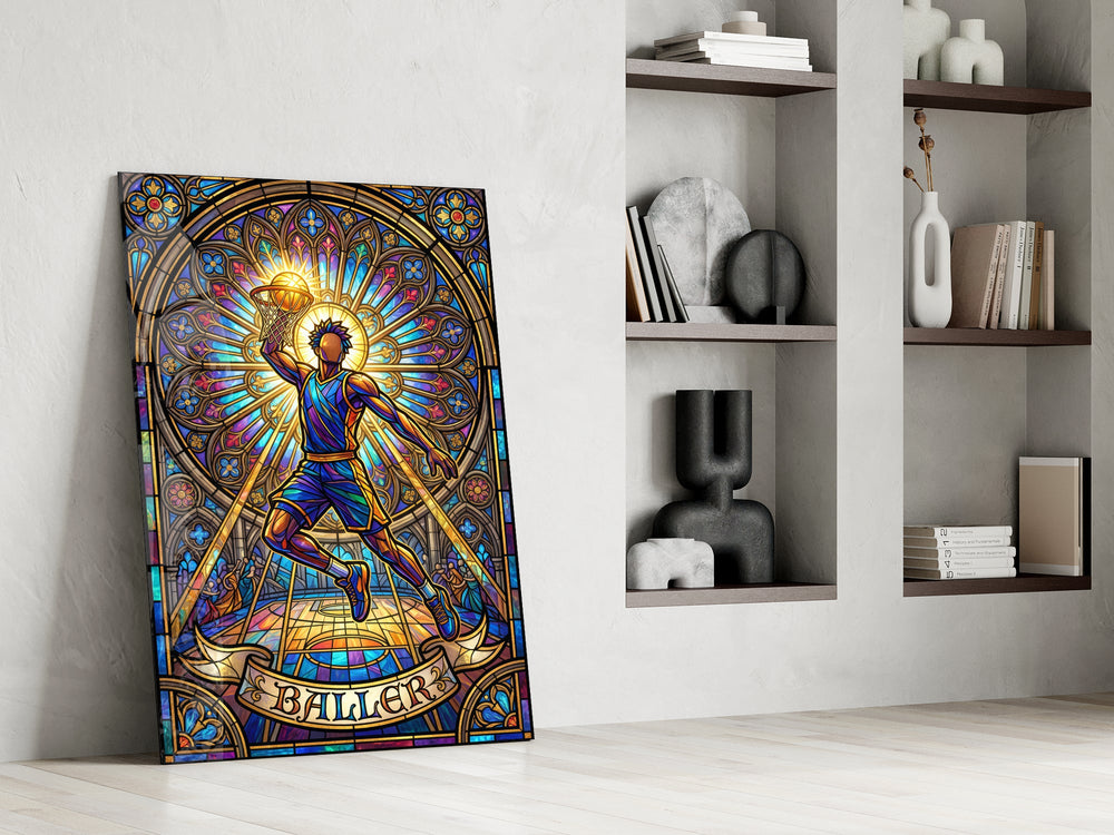 stained glass basketball baller panel resting in a shelving niche in a modern interior