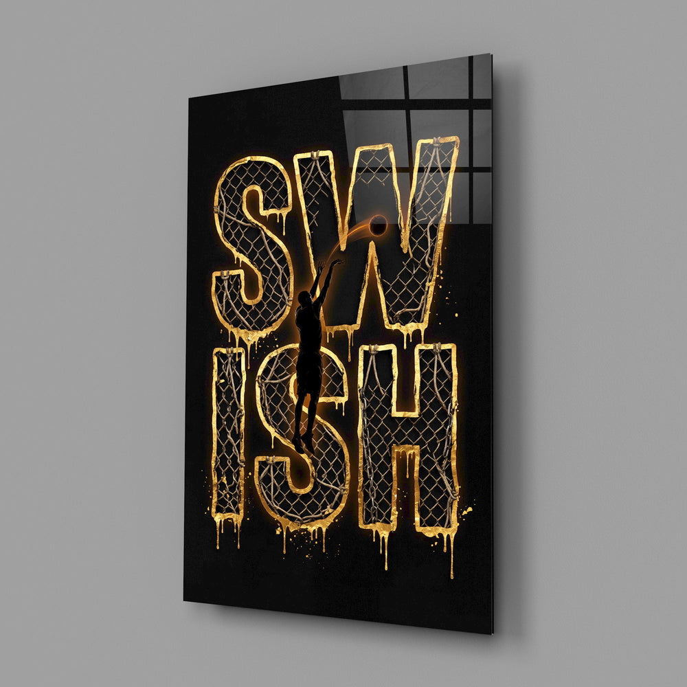 gold Swish basketball typography glass wall art angled to show the polished tempered glass panel
