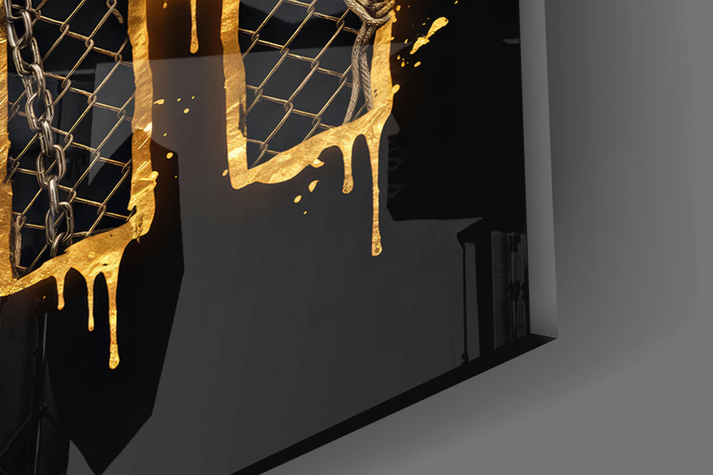 Close-up detail of the fiery ball trail and the shooter silhouette between the letters on the glass surface