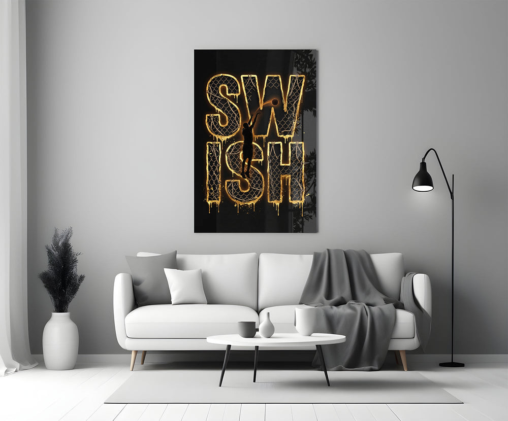 gold Swish basketball typography panel bringing character to a minimalist living room wall