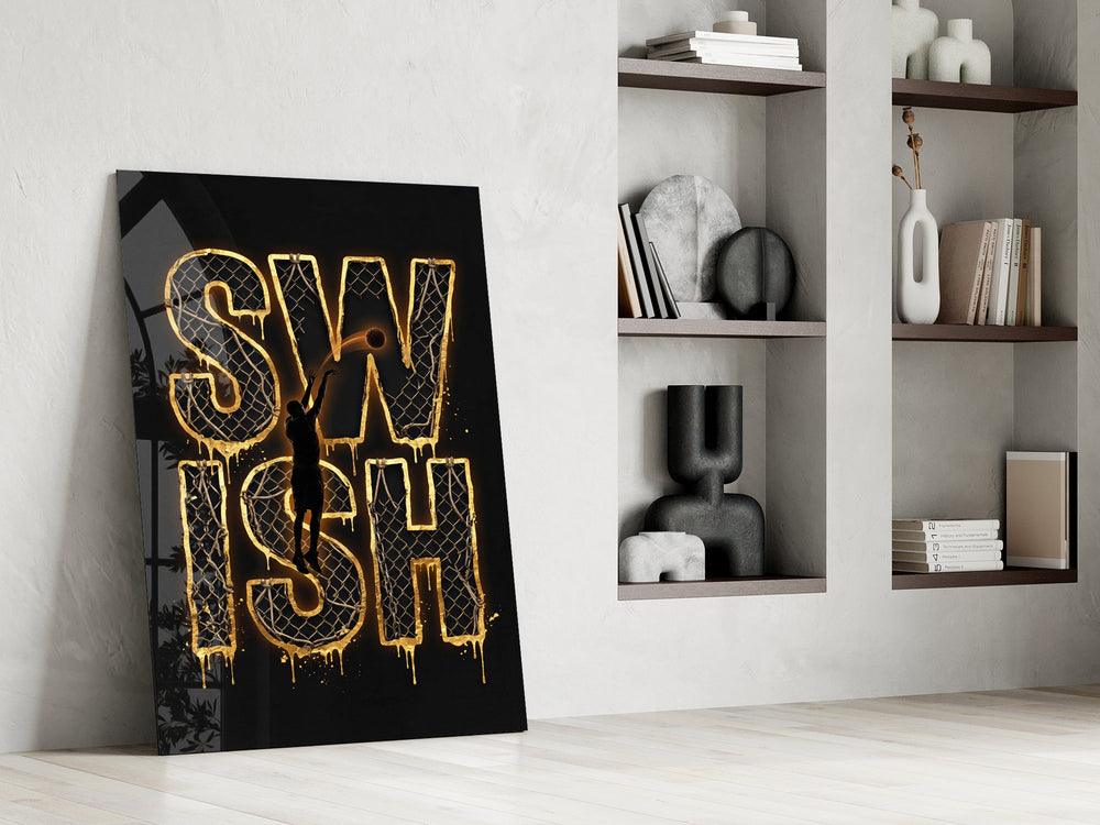 gold Swish basketball typography panel resting in a shelving niche in a modern interior