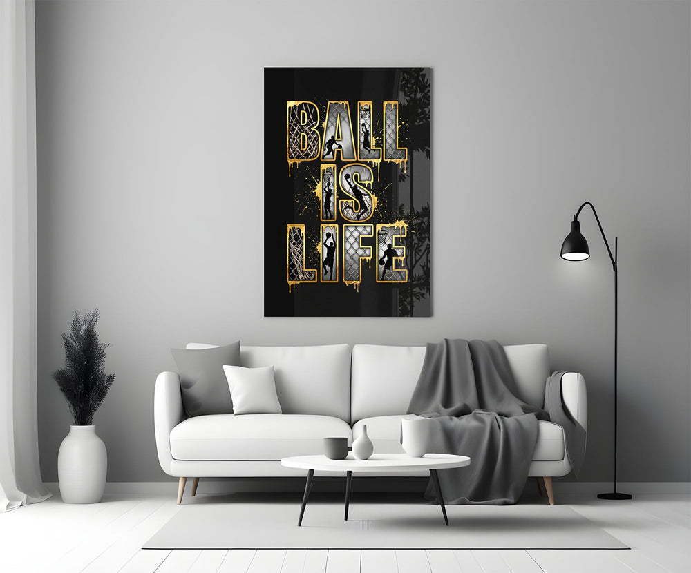 gold Ball Is Life basketball typography panel bringing character to a minimalist living room wall