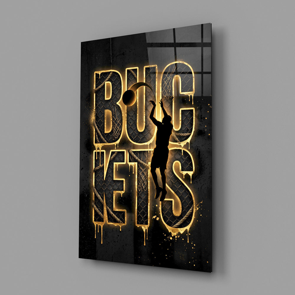 gold basketball typography with a jump-shot silhouette glass wall art angled to show the polished tempered glass panel