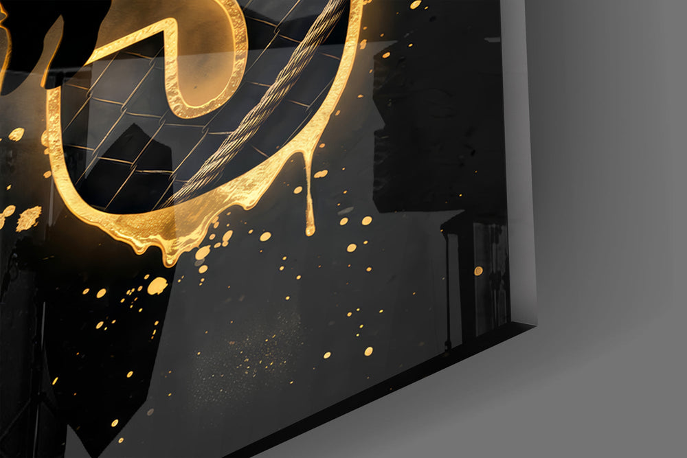 Close-up detail of the dripping gold letterforms filled with net mesh on the glass surface