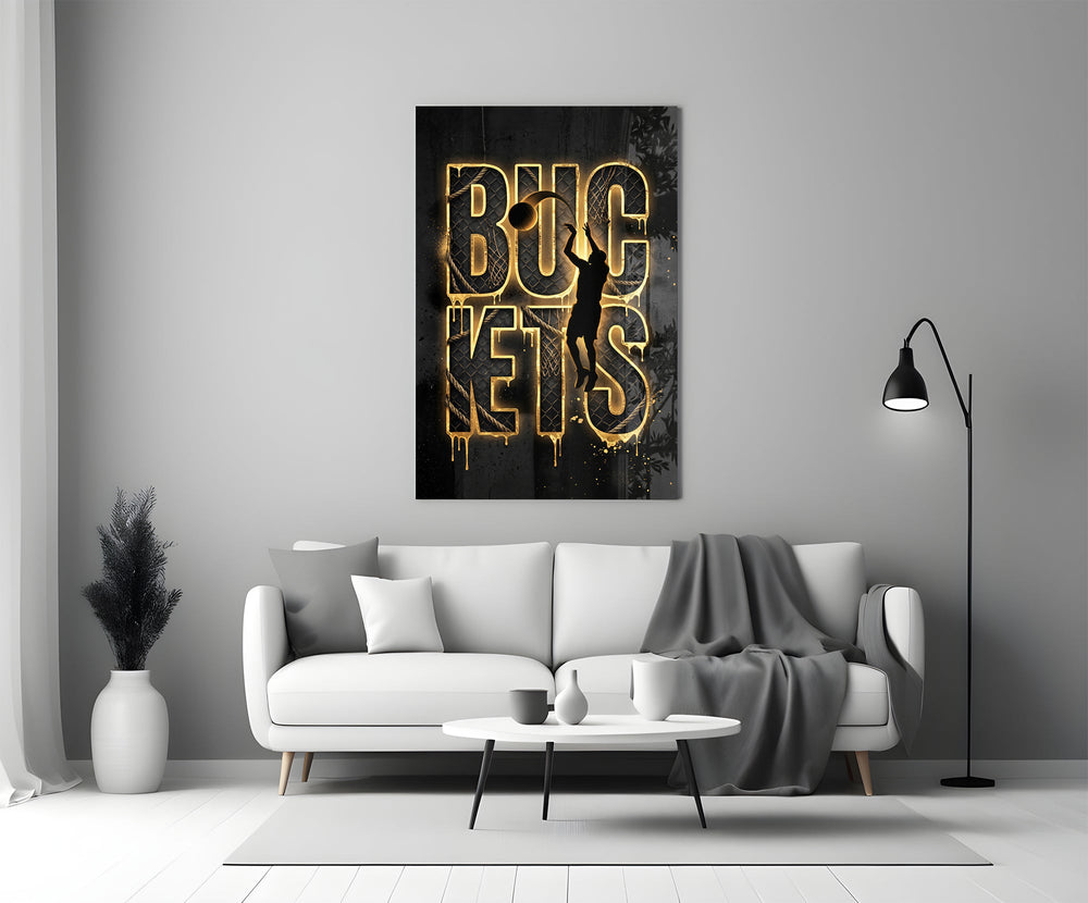 gold basketball typography with a jump-shot silhouette panel bringing character to a minimalist living room wall