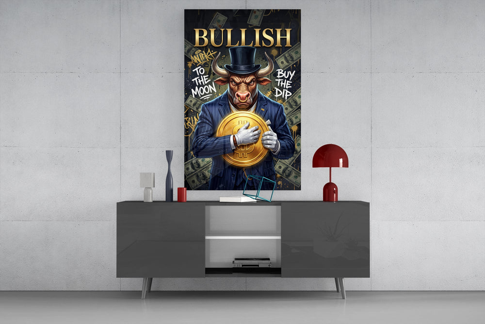 a suited bull holding a gold dollar coin glass wall art displayed above a console in a designer interior