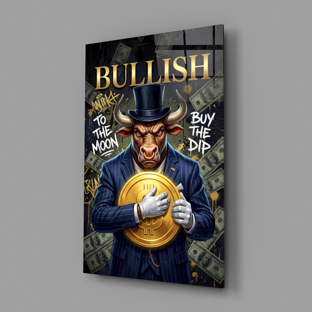 a suited bull holding a gold dollar coin glass wall art angled to show the polished tempered glass panel