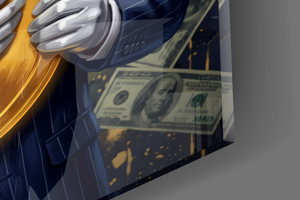 Close-up detail of the gold dollar coin and navy pinstripe suit on the glass surface