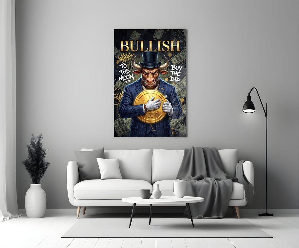 a suited bull holding a gold dollar coin panel bringing character to a minimalist living room wall