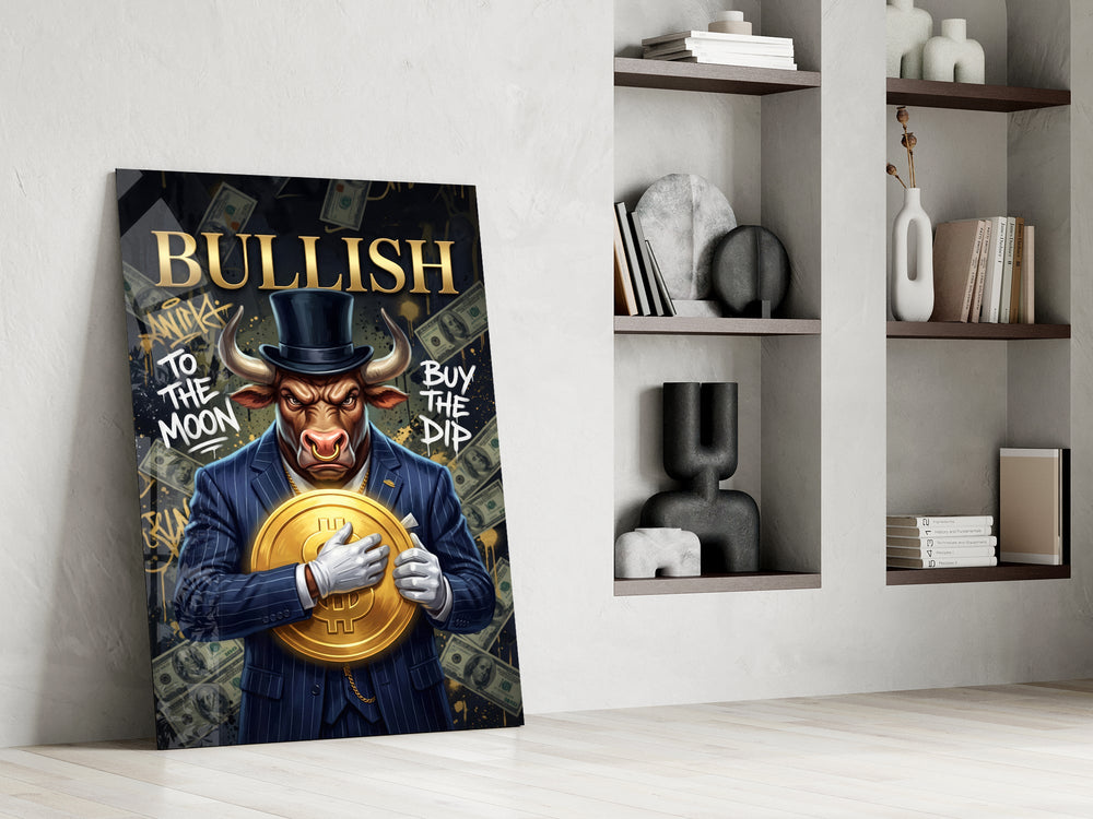 a suited bull holding a gold dollar coin panel resting in a shelving niche in a modern interior