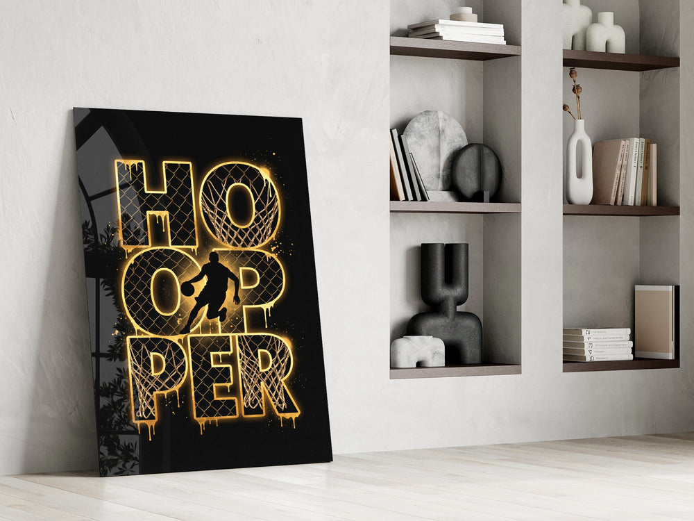gold basketball typography with a dribbling silhouette panel resting in a shelving niche in a modern interior