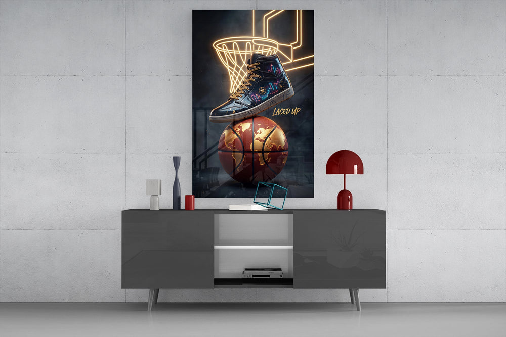 a high-top sneaker over a golden globe basketball glass wall art displayed above a console in a designer interior