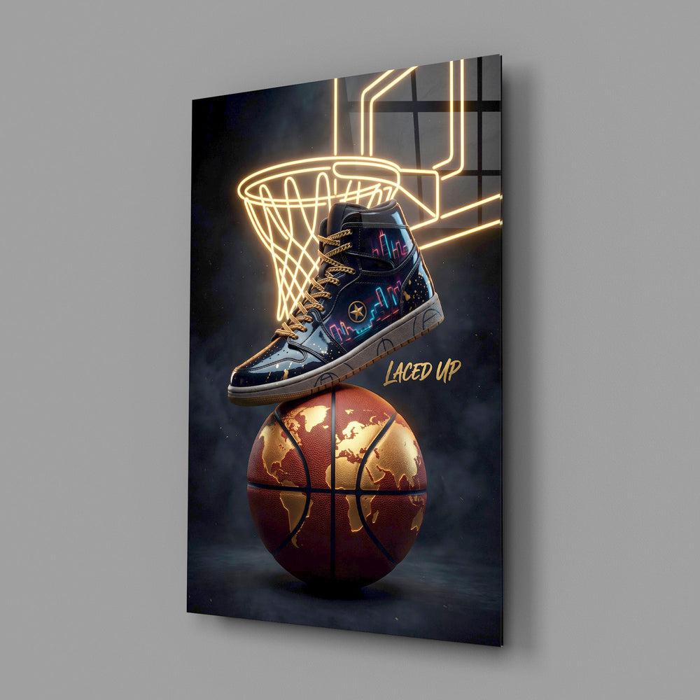 a high-top sneaker over a golden globe basketball glass wall art angled to show the polished tempered glass panel