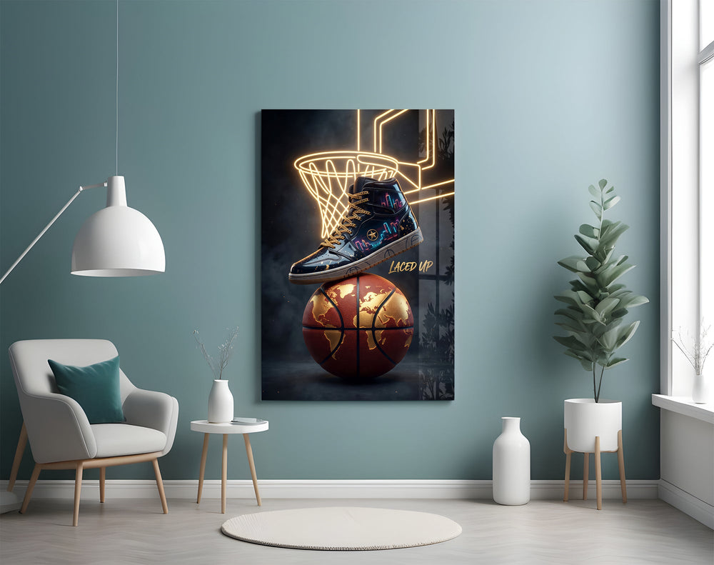 a high-top sneaker over a golden globe basketball glass wall art styled above an armchair in a reading corner