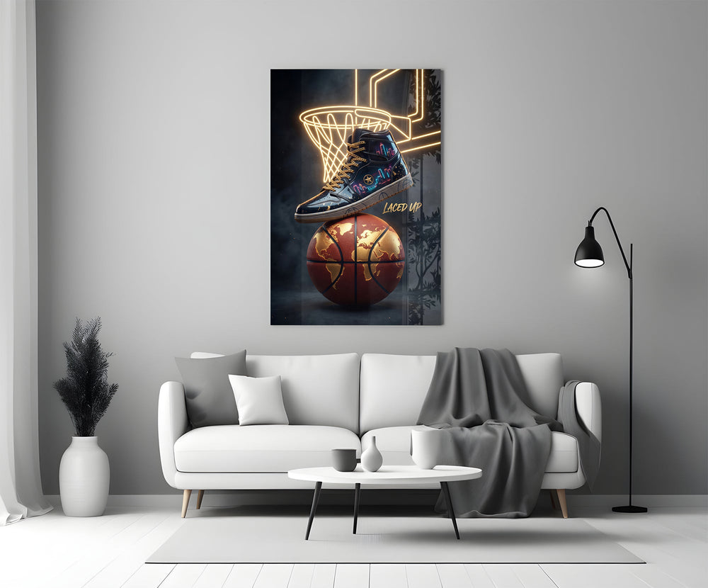a high-top sneaker over a golden globe basketball panel bringing character to a minimalist living room wall